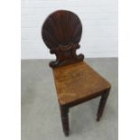 Primitive oak hall chair, with shell back, solid seat and bobbin turned legs, 88 x 38 x 34cm