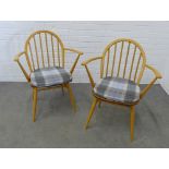 Lucian Ercolani, a pair of Ercol blonde elm Model 370 chairs with grey tartan cushions, 82 x 62 x