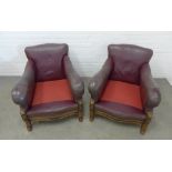 A pair of early 20th century club type armchairs with scroll arms and long seats, acanthus carved