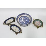 Three brass mounted pin dishes, circular dish approx. 13.5cm diameter, together with a Staffordshire