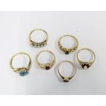 Six 9ct gold gemset dress rings (6)