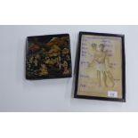 Japanese lacquered box, the lid with a village scene with figures together with a framed watercolour