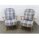 Lucian Ercolani, a pair of Ercol blonde elm 203 open armchairs with grey tartan cushions. 89 x 70