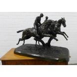 After Comte G de Ruille Bronze, a French cast bronze equestrian group of two jockeys hurdling a