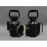 Pair of black railway lanterns, marked B.R., 29cm