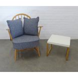 Ercol blonde elm armchair with dark grey cushions and a small Habitat side table 83 x 70cm. (2)