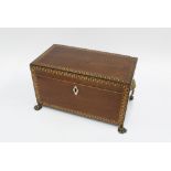 Mahogany tea caddy greek key border, on paw feet, lion head handles and with blue glass insert, 14 x