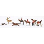 Set of of early 20th century lead Hunting figure with horses, hounds, fox and red stag, (10)