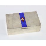 Early 20th century silver table cigarette box, hinged lid with a blue enamel stripe and red and