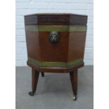 Georgian mahogany and brass bound cellarette, octagonal form with hinged top, opening to a lined