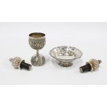 Birmingham silver bonbon dish, Eastern white metal double ended goblet and a pair of silver plated