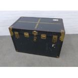 Vintage blue metal storage trunk, rectangular with a flat top and void interior, 60 x 92 x 55cm