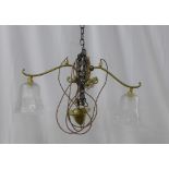 Brass rise and fall ceiling light with two arms and glass shades, approximately 60cm