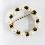 9ct gold pearl and sapphire brooch of circular outline, stamped with London import hallmark, 2cm