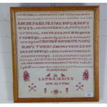 Victorian alphabet sampler worked by Laura Macey, framed under glass, 37 x 41cm