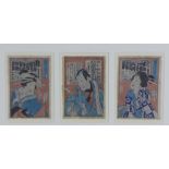 Japanese group of three woodblocks within a single glazed frame, size overall 62 x 37cm