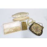Vintage Park Lane gilt metal compact with carry strap, tapestry evening bag and faux pearls, etc (