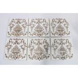 Set of six late 19th / early 20th century tiles with classical vase motif, 15cm (6)