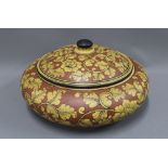 Large decorative painted wooden bowl with cover, 46cm diameter