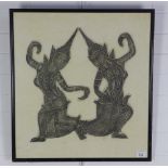 1960's brass rubbing of two Thai temple dancers, in a glazed frame, size overall 52 x 57cm