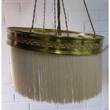 Brass rise and fall lamp with fringe, three bulbs, 47cm diameter