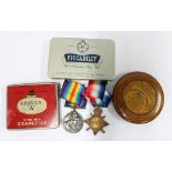WWI medals awarded to 1926 Pte D. Shand, Royal Scots, a wooden snuff box made from an arch in the