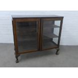 Early 20th century oak bookcase, rectangular top with dentil frieze over a pair of glazed doors with