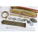 Costume jewellery to include a snake bracelet, marcasite brooches, yellow metal necklace, gold