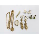 15ct gold and platinum bar brooch with seed pearls, a pair of 9ct gold earrings, a pair of yellow