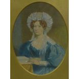 19th century watercolour portrait of a woman, apparently unsigned, in an oval mount and glazed