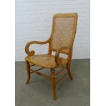 Light mahogany open armchair, canework back and set, (A/F) 92 x 52 x 49cm.