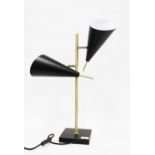 Mid century style lamp with two light fittings and conical black shades, 61cm.