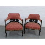 Pair of mahogany framed tub open armchairs with padded upholstered backs, arms and stuffover