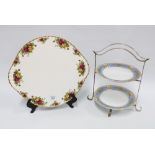 Epns two tier cake stand with a pair of gilt blue Noritake plates, together with a Royal Albert