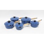 Set of five blue Le Creuset pot and pans. (5)