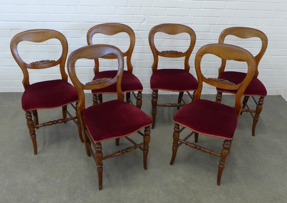 Set of six mahogany balloon back chairs with red upholstered seats. 82 x 41 x 37cm. (6)