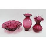 Two cranberry glass vases, taller 22cm, and scalloped cranberry glass bowl (3)