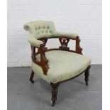 Mahogany framed tub open armchair with sage damask buttonback upholstery. 78 x 65 x 60cm.