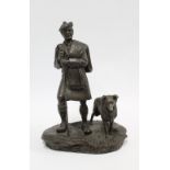 Tom Mackie for Heredities bronze patinated resin figure of a Scottish shepherd with dog, signed,