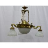 Brass ceiling light with central opaque glass pendant and three branches with matching smaller glass