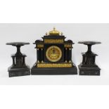 Victorian black slate clock garniture , 39 x 38cm.