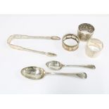 George VI silver sugar tongs, London 1827, Sheffield silver dessert spoon and teaspoon, two