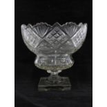 Cut glass bowl with serrated rim , baluster knop and square foot, 23 x 23cm.