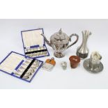 Mixed lot to include an Epns teapot, hip flask, curling teaspoons, pewter vase, etc (a lot)