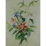 Stargazer lilies and irises, watercolour, apparently unsigned, framed under glass, 55 x 70cm