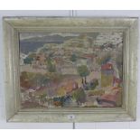 Mid Century School, village and landscape, oil on canvas, signed indistinctly, framed 63 x 46cm