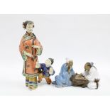 Chinese Shiwan glazed figure group and another in polychrome enamels, (2) 29cm.