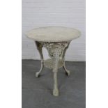 White painted metal garden table with a circular hardstone top. 68 x 62cm.