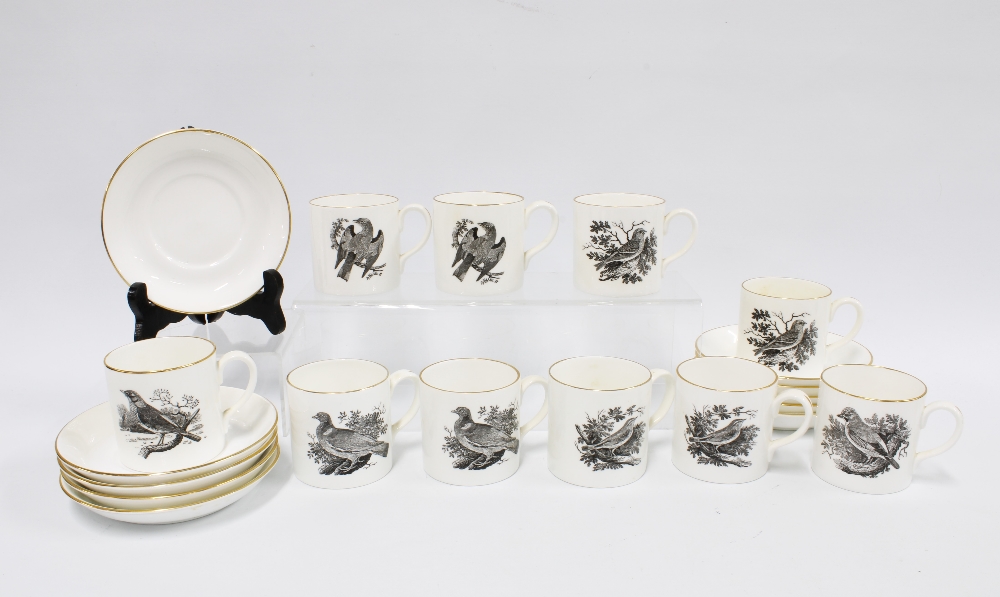Crown Staffordshire set of ten coffee cans and saucers, with monochrome birds and gilt edged rims (