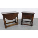Small oak drop leaf table together with an oak side table with lift up top. 48 x 44 x 33cm. (2)